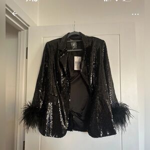 Lavish Alice Black Sequin Pantsuit with Feather Cuffs